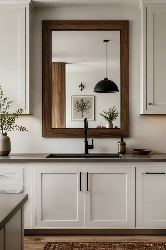 Matte white cabinets with a walnut-framed mirror above the sink
