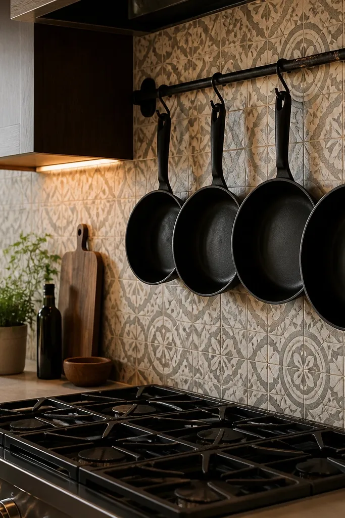 Stove with patterned tile backsplash and hanging pans on a simple rack
