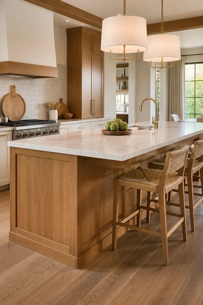 Honey wood island with a light countertop and small bowl centerpiece