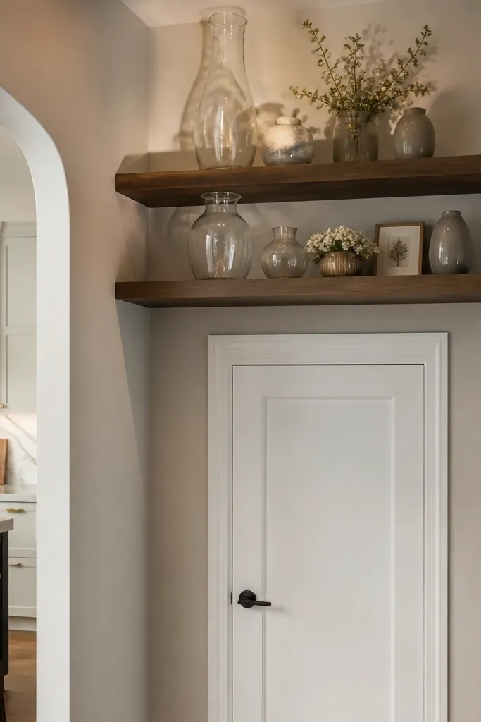 Floating shelves above a pantry with a glass vase cluster and small decor