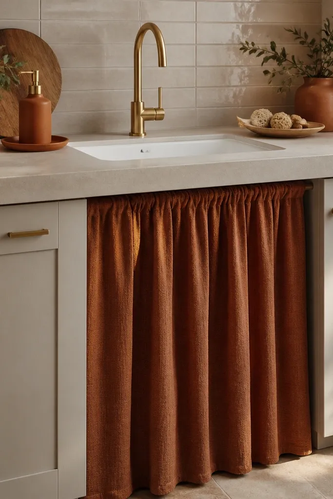 Under-sink area with a warm curtain panel and matching accessories on the counter