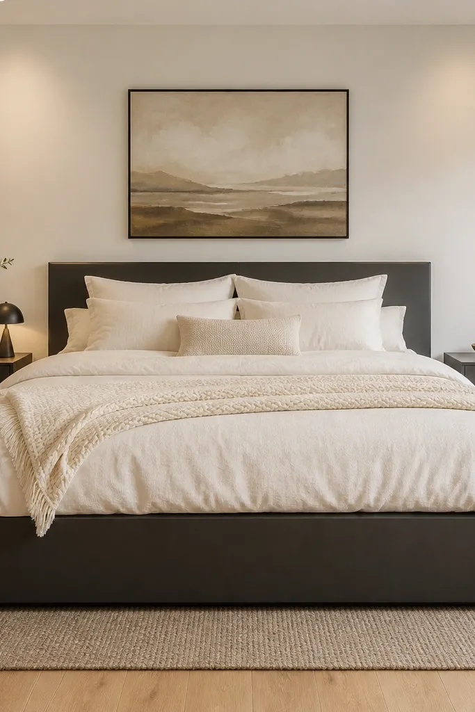 Charcoal platform bed with white bedding, warm bedside lamps, and a light wall behind it