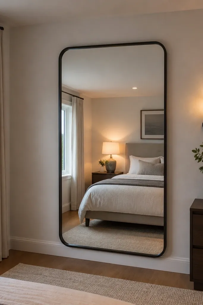 Black-framed mirror above a dresser with a small lamp and neutral decor