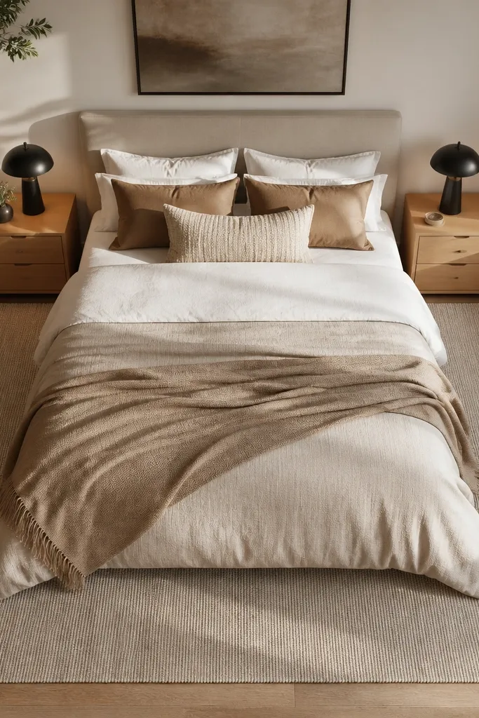 Neutral rug under bed with matching nightstands and minimal wall decor