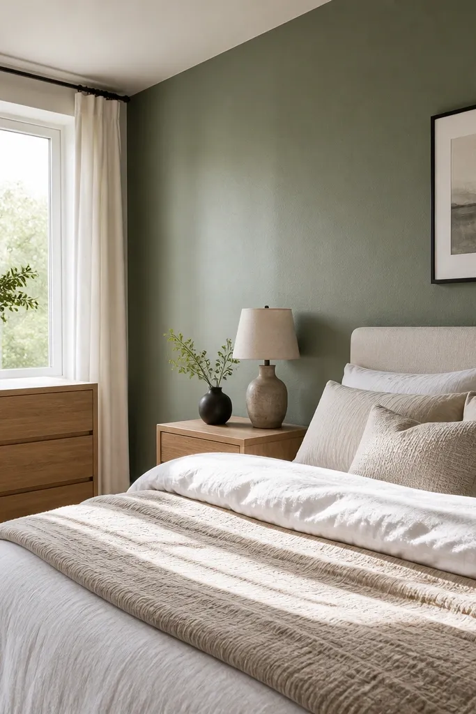 Sage green accent wall behind a bed with light wood furniture and soft neutral bedding