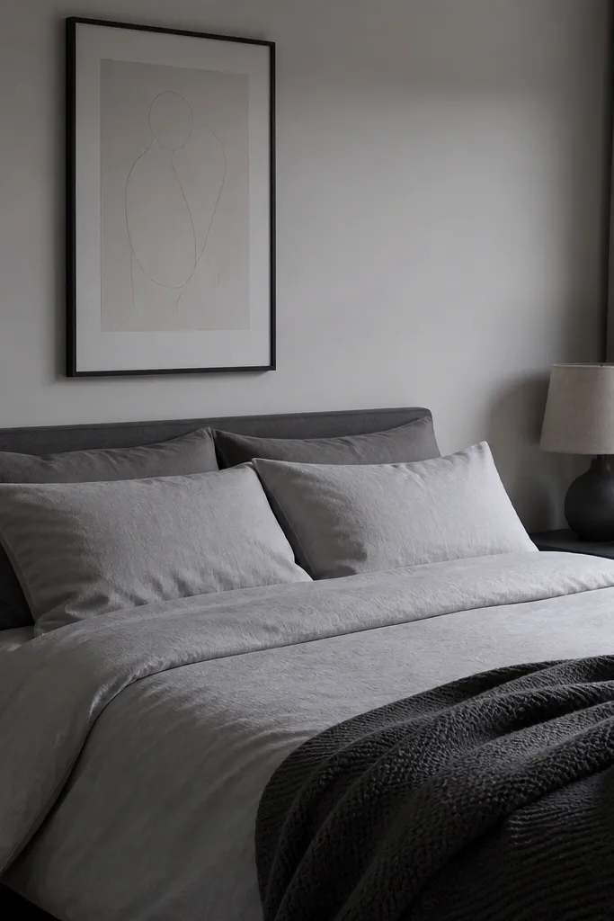 All-gray bed setup with a textured throw, dark nightstands, and simple wall art