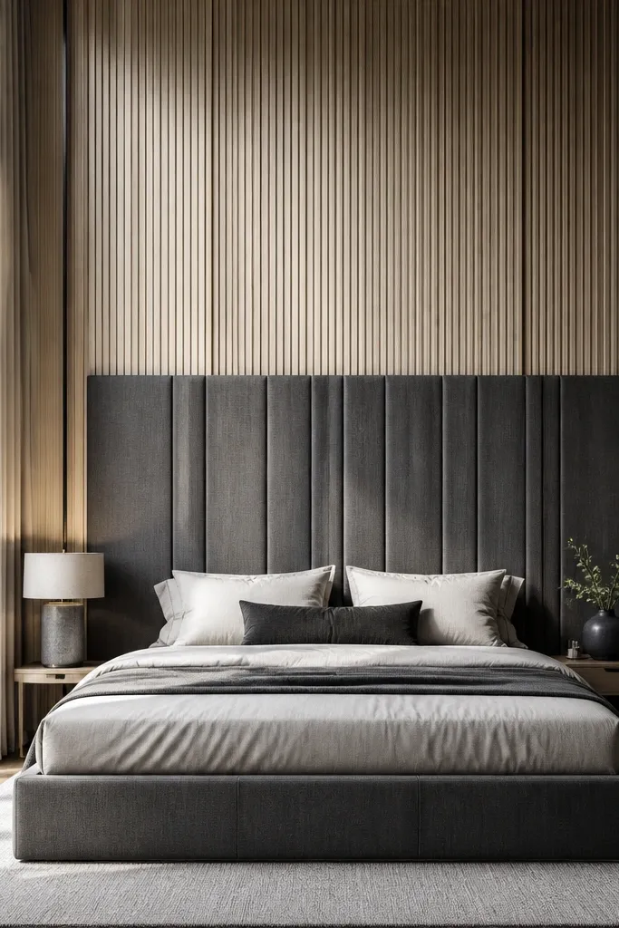 Bed with a tall headboard and vertical wall paneling feel, flanked by lamps