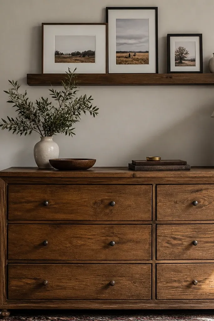 Warm wood dresser with a few framed pieces above and a lamp on one side