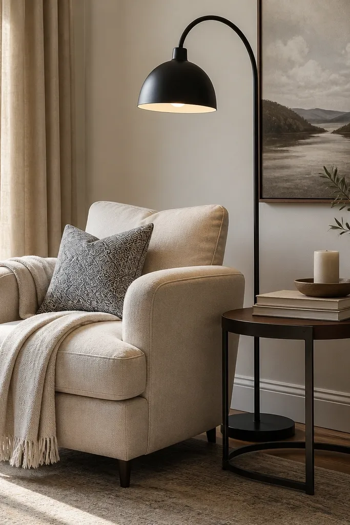 Reading chair in a corner with a floor lamp, cream pillows, and a small side table