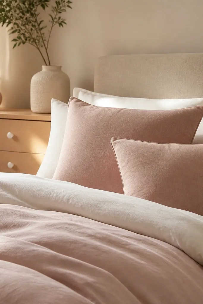 Light pink accent pillows on a neutral bed with a cream dresser and warm lamp