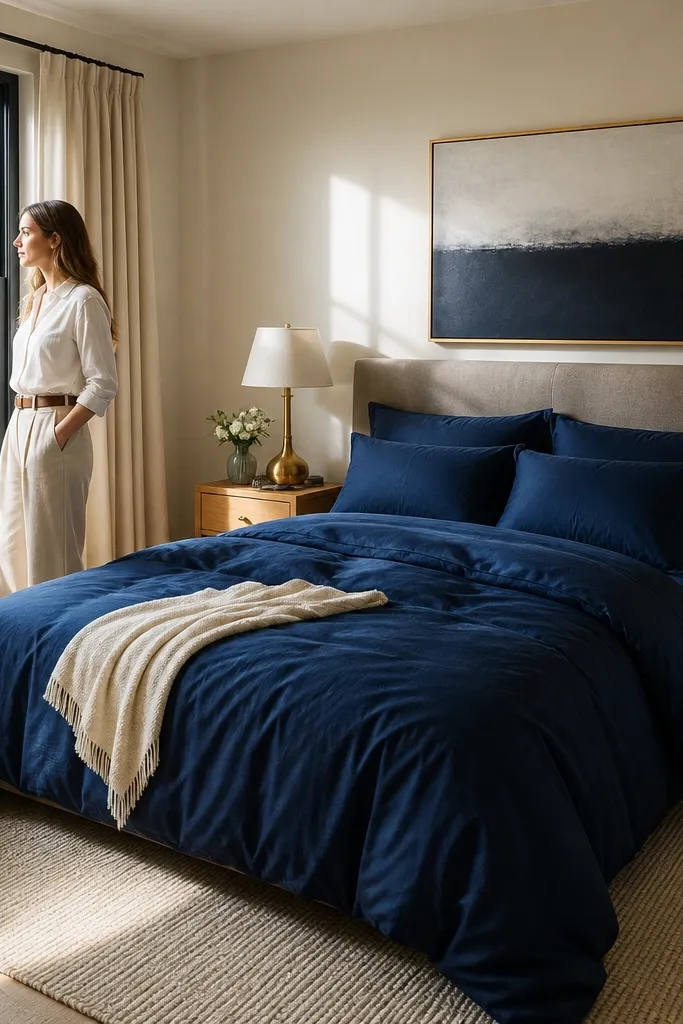 Deep blue comforter with brass-toned lamps and neutral walls