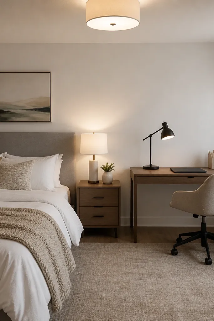 Small desk setup near bed with a clean wall, simple chair, and one framed print
