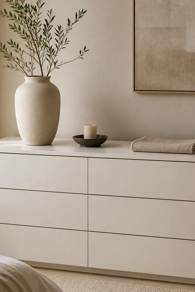 A bedroom dresser with a warm white surface holding only three items: a tall ceramic vase, a small tray with a candle, and a neatly folded linen cloth. Everything else is closed-door storage.