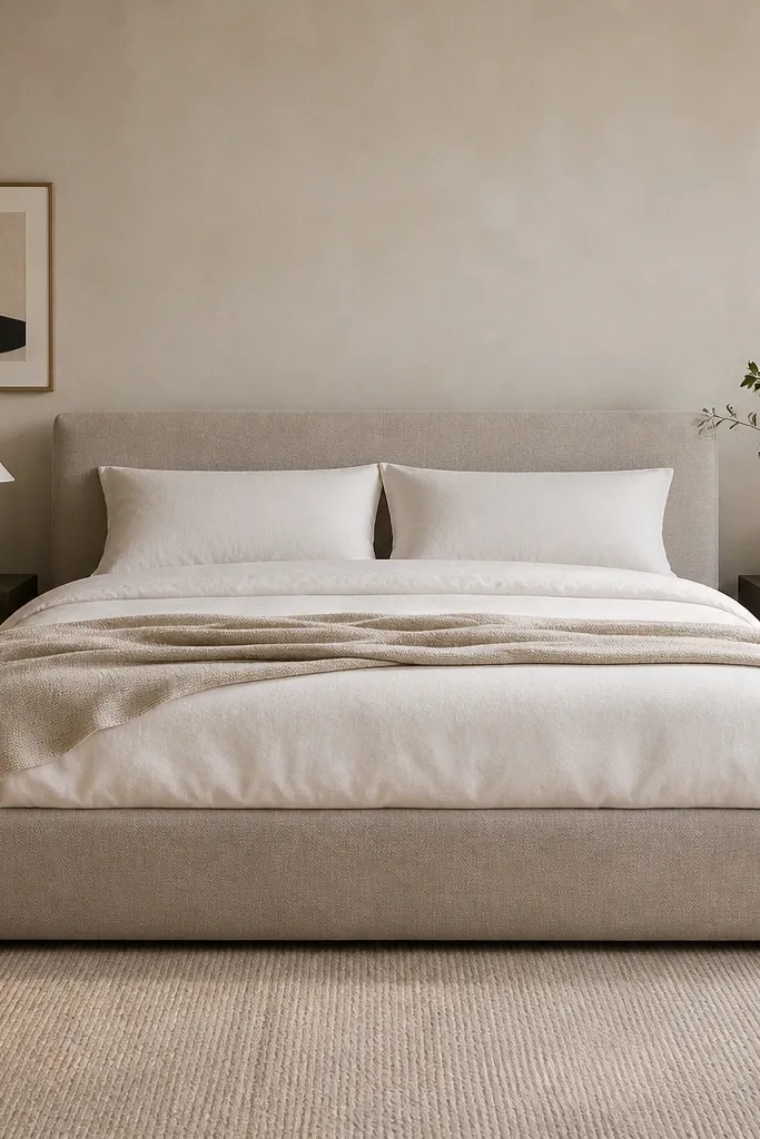 A modern bed with a low-profile upholstered frame in light greige. The bedding includes a crisp duvet, one neutral throw blanket, and two pillows arranged symmetrically.
