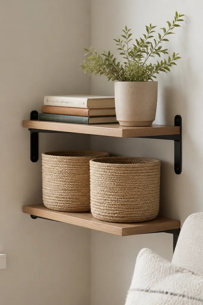 A small wall shelf corner holding a few stacked books, a minimal plant pot, and two matching woven bins on the lower shelf.