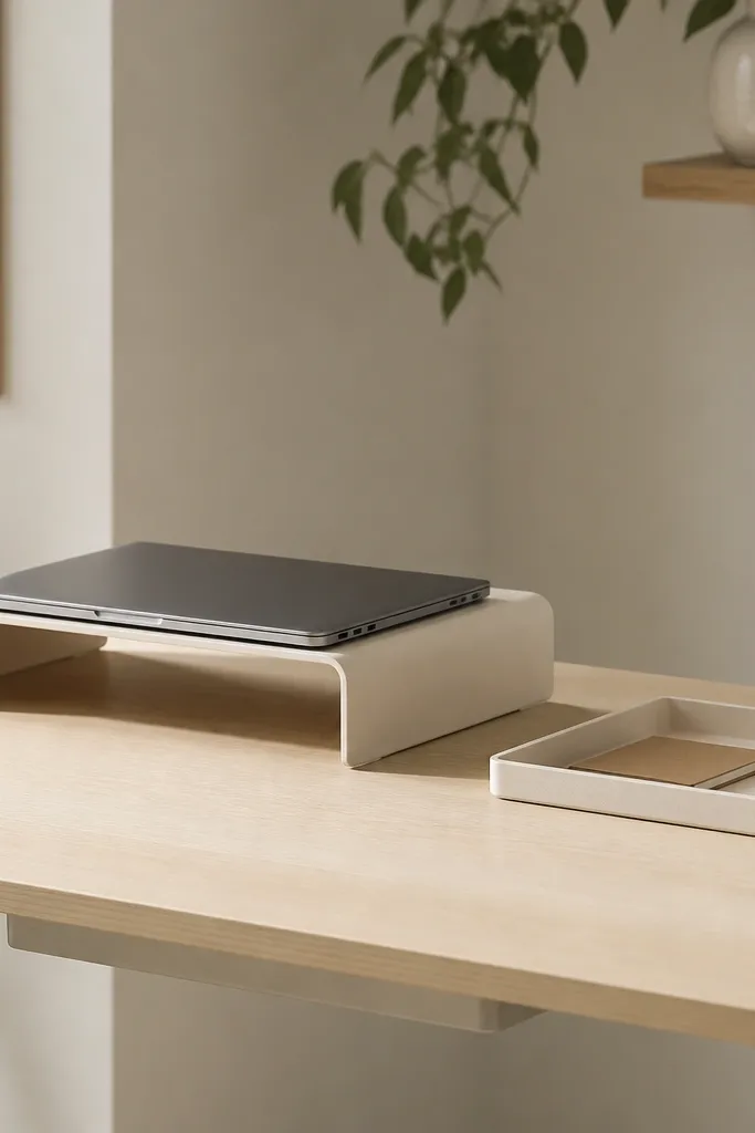A minimalist desk with a cream laptop stand, a single shallow desk tray holding a pen cup and small notebook, and a cable tray hidden underneath.