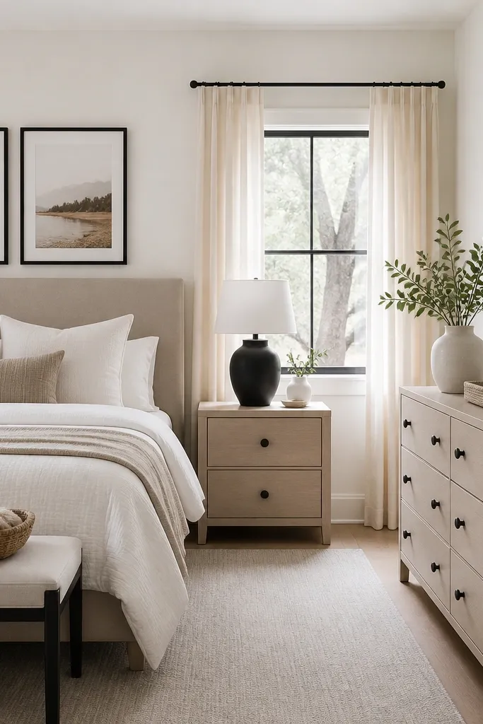 A room where lamp bases, drawer pulls, and picture frames share the same finish: matte black. The rest of the decor stays light and neutral.