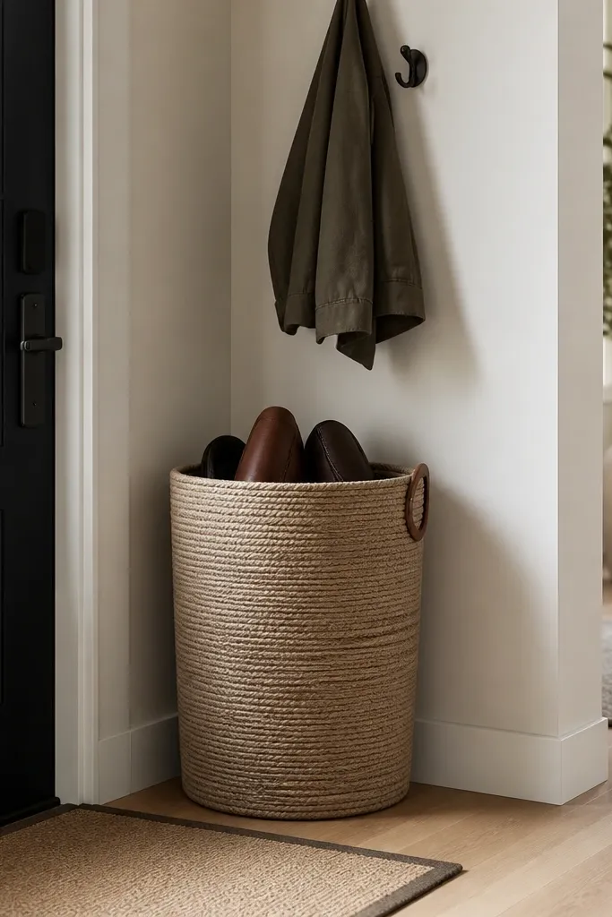 A tidy entryway corner with a tall neutral basket holding shoes or bags, a small wall hook, and a minimal doormat. No loose bags on the floor.