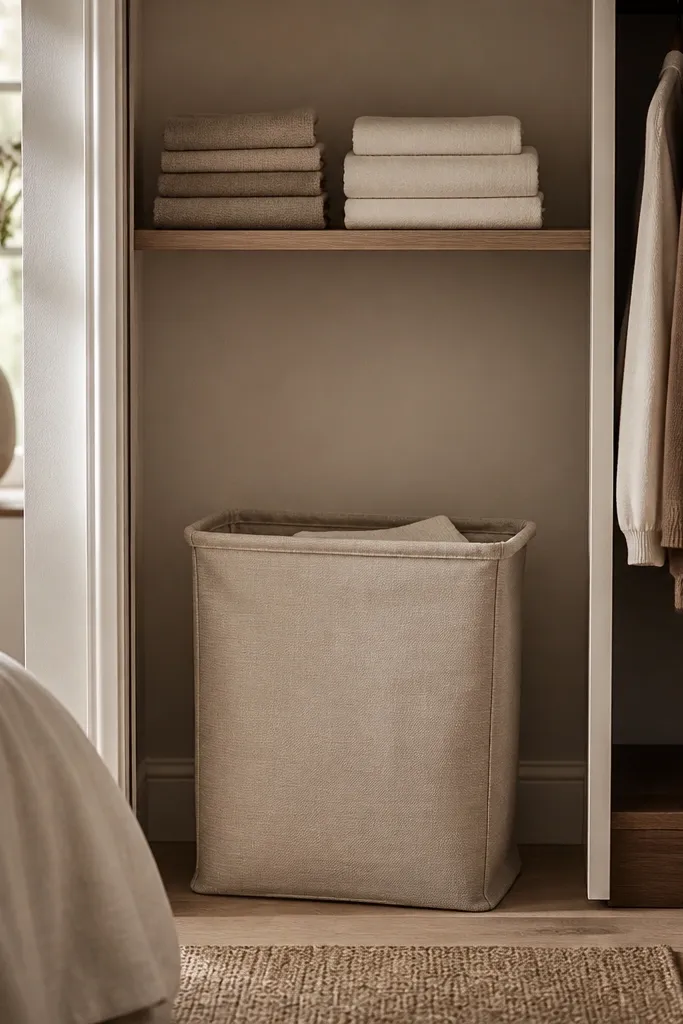 A bedroom closet area with a fabric hamper in a matching neutral tone, plus a slim shelf above holding folded towels in matching stacks.