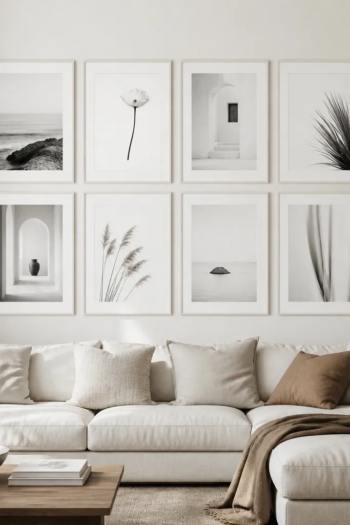 A living room wall with a grid of matching frames in off-white. The art is mostly monochrome with lots of white space.