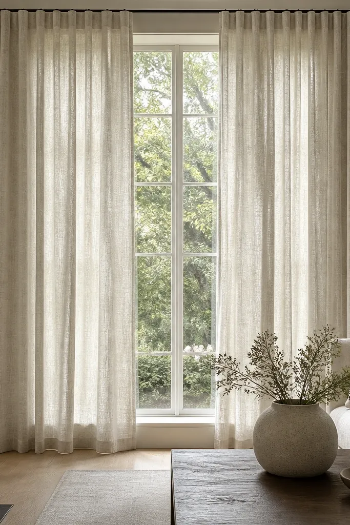 Tall windows with floor-length curtains in a light oatmeal linen blend. The curtain rod sits close to the ceiling and the fabric hangs straight.