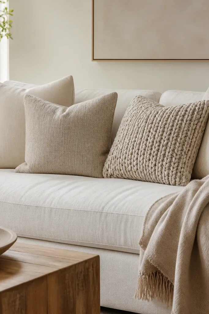 A sofa with neutral throw pillows in cream and greige. One pillow is a chunky knit in the same color family, and a smooth cotton throw lays folded at the arm.