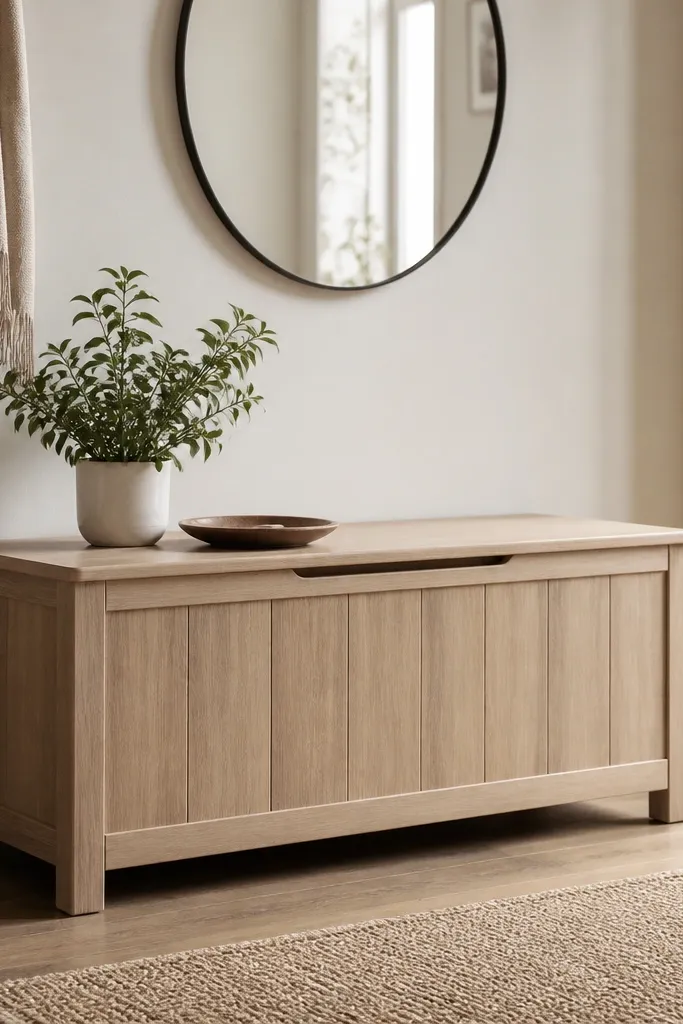 A hallway bench with a hinged top. Shoes are contained inside, and the bench surface holds only a small tray and a plant.
