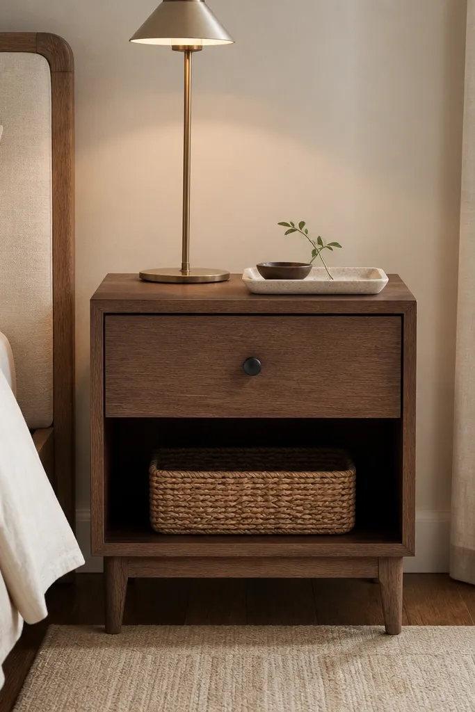 A nightstand with one drawer and one open shelf. The top holds a slim lamp and a small tray; the open shelf has a single basket.