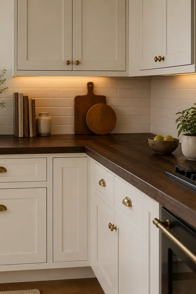 A modern kitchen with white shaker cabinets, dark espresso butcher block countertops, and aged brass cabinet pulls. A simple subway tile backsplash in soft white sits behind the counters. Warm under-cabinet lights create an amber glow on the wood grain.