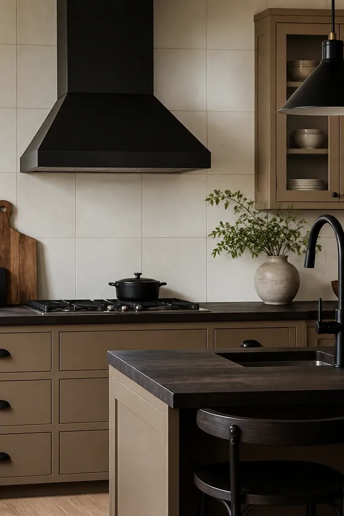 A kitchen with warm taupe cabinets, nearly black butcher block countertops, and a matte black gooseneck faucet. The backsplash is large-format off-white tile with thin grout lines. A dark barstool rail is visible near the island.