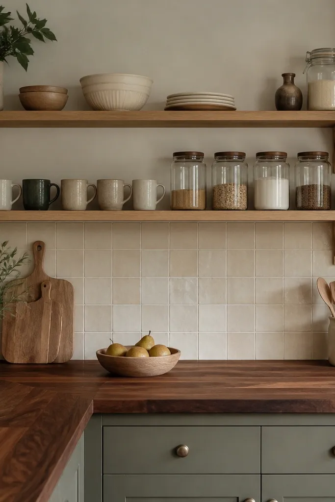 A kitchen with dark walnut butcher block counters and open shelving above. Shelves are light oak with simple brackets. The backsplash is a warm cream tile, and mugs and jars sit in a tidy row.