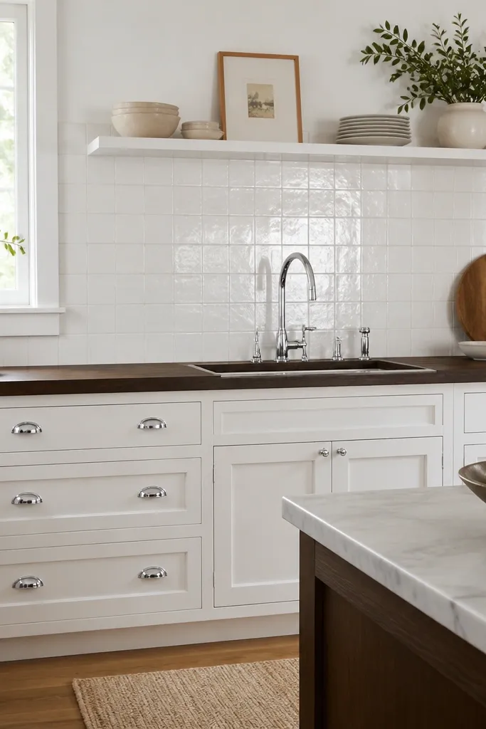 A kitchen with charcoal-brown butcher block countertops and a bright white backsplash made of small square tile. A chrome faucet and chrome cabinet hardware reflect light. The walls are painted crisp white.