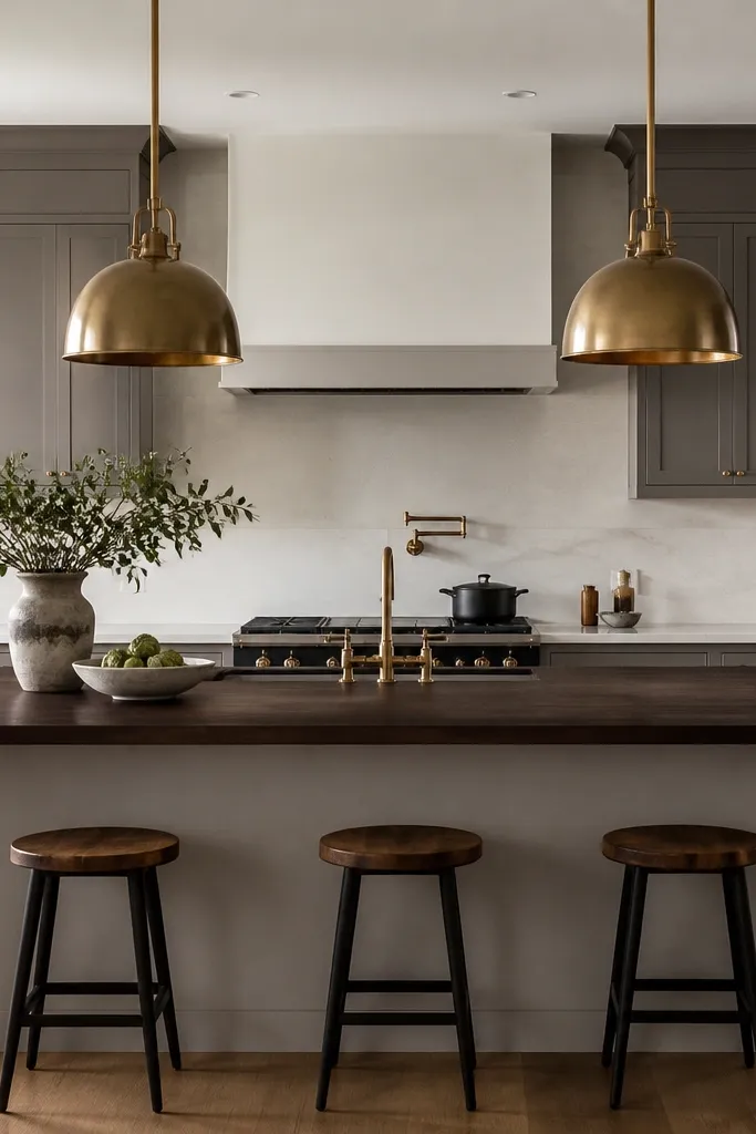 An island with dark espresso butcher block countertop. The perimeter cabinets are medium gray. Two brass pendants hang above the island, and the backsplash is a simple light slab with a subtle texture.