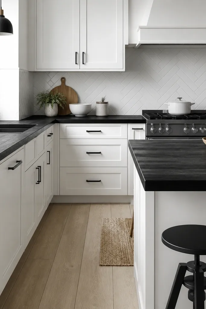 A kitchen with matte black-ish butcher block countertops, white herringbone backsplash, and black cabinet hardware. The cabinets are white, and the floor is a light wood laminate or pale plank tile.