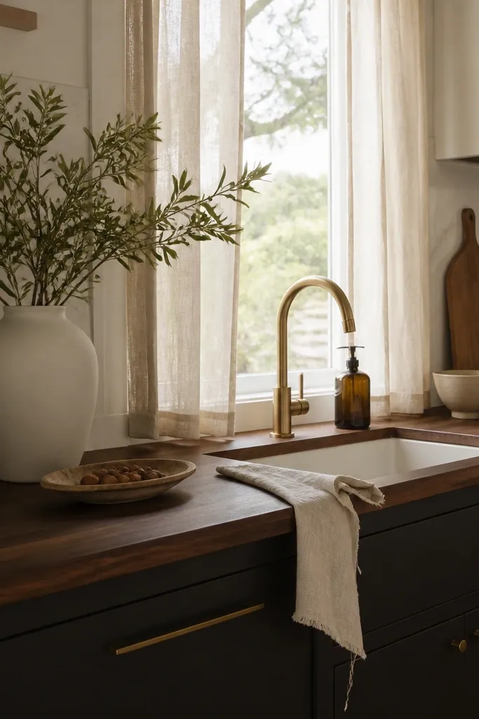 A modern kitchen with dark butcher block countertops, a white slab backsplash, and linen curtains at a window over the sink. A simple white vase and a few neutral kitchen items sit on the counter.
