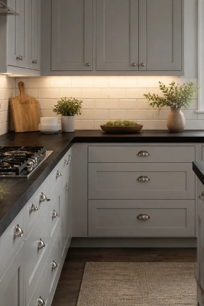 A kitchen with charcoal butcher block countertops, classic white subway tile backsplash, and brushed nickel hardware. The cabinets are light gray, and the lighting is warm under-cabinet strips.