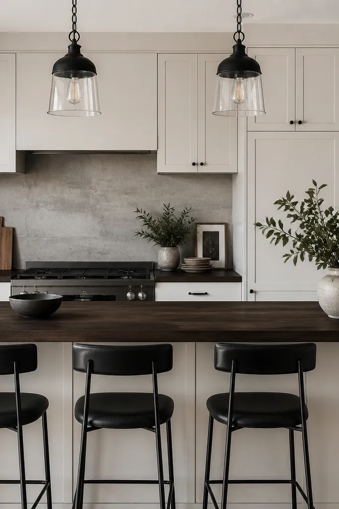 A kitchen with dark espresso butcher block countertops, a concrete-look backsplash panel, and black bar stools at a breakfast bar. The cabinets are off-white, and the pendant lights are black with glass shades.