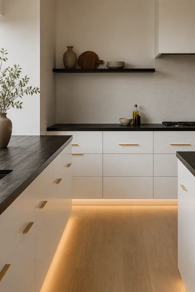 A minimalist kitchen with white flat-panel cabinets, near-black butcher block countertops, and brass toe-kick lighting under the base cabinets. A simple white backsplash and a brass cabinet pull line the room.