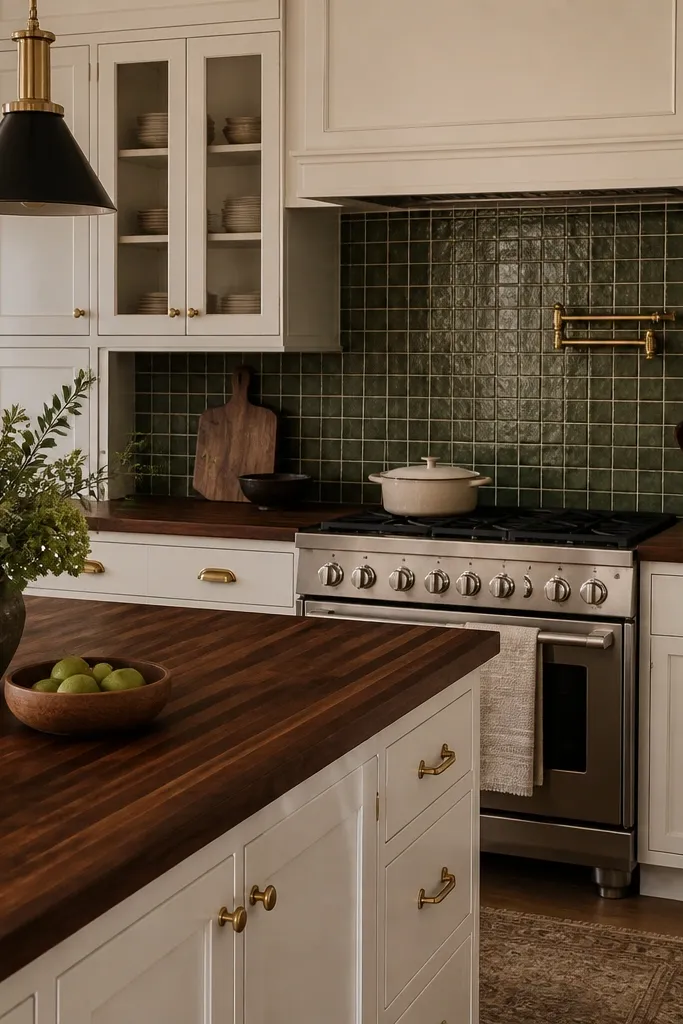 A kitchen with dark walnut butcher block countertops, a backsplash with small green tiles near the stove area, and antique brass hardware. The cabinets are warm white.