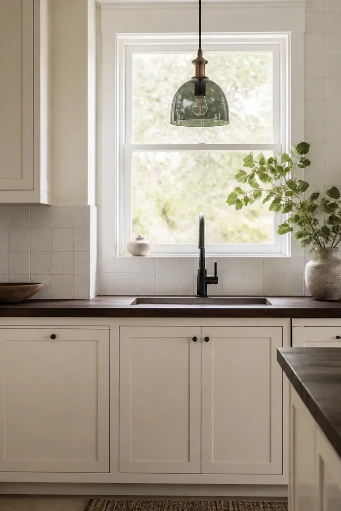 A kitchen with cream shaker cabinets, charcoal butcher block countertops, and a single black glass pendant over the sink. The backsplash is a simple white tile with subtle texture.