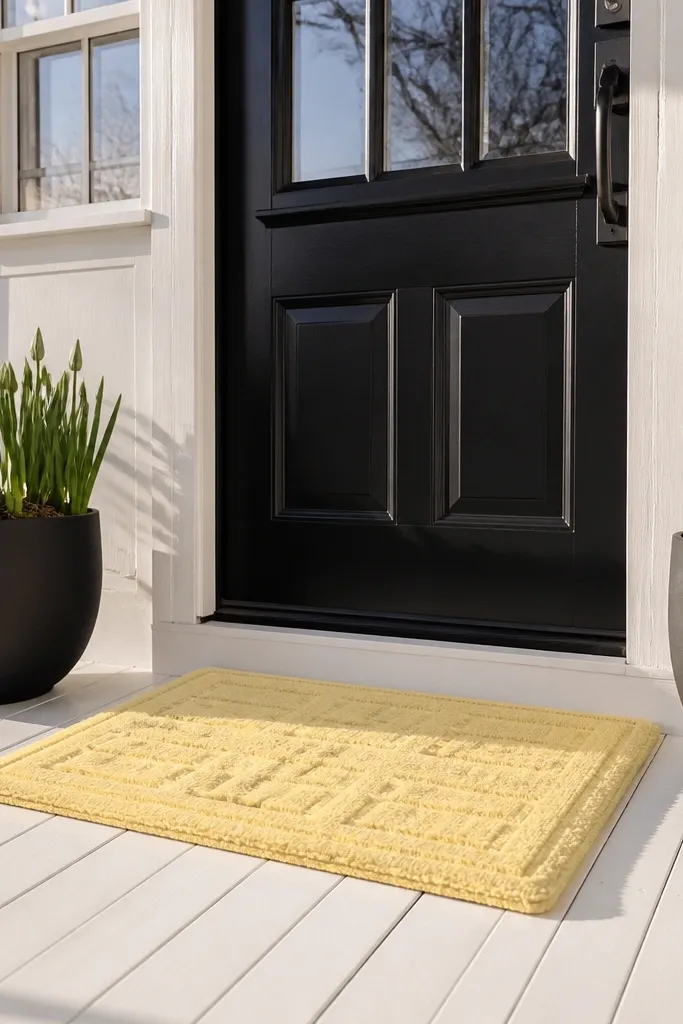 Modern porch setup with lemon doormat, charcoal planters, and a white door