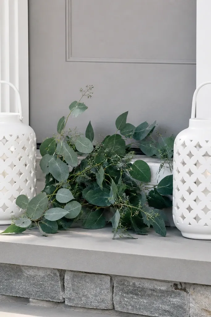 Two white lanterns on a porch with sage green stems and a neutral runner