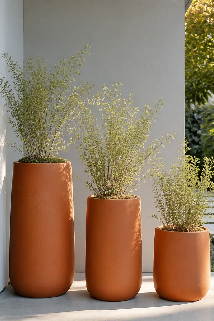 Three matte terracotta planters with light green stems along a front porch