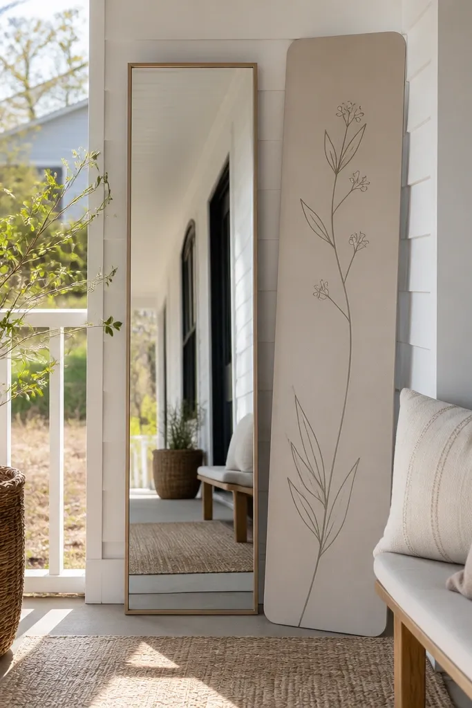 A slim vertical porch sign beside a small mirror and neutral planters