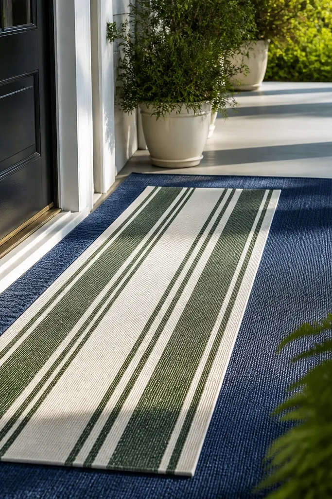 Navy front porch rug with a white and green striped runner near the door