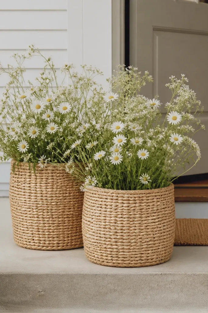 Woven baskets used as planters with white flower stems on a front porch
