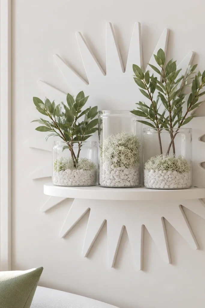 Small wall shelf with jars and spring stems in a modern porch corner