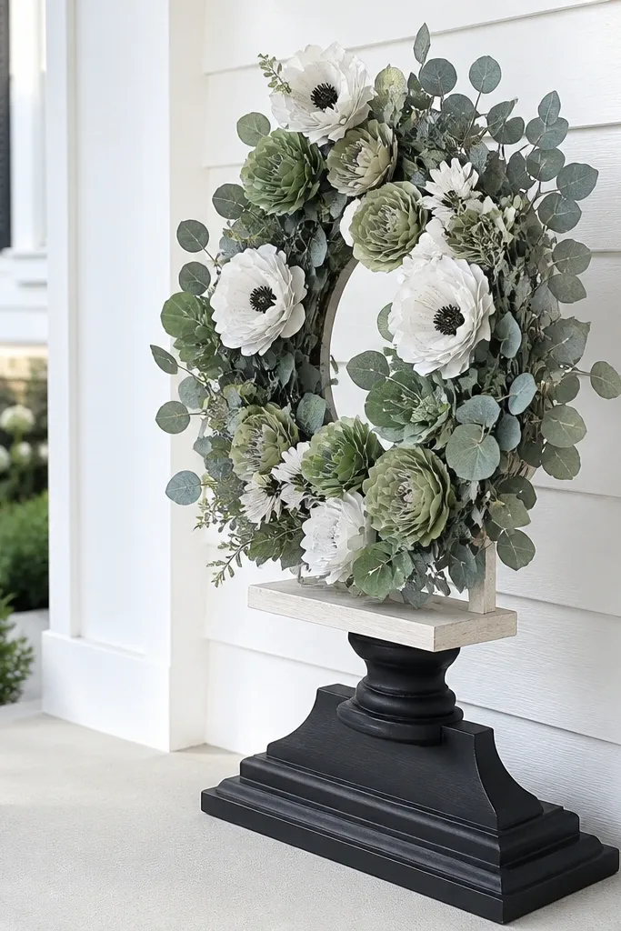 Wreath on a modern stand with eucalyptus and pale paper flowers near a front door