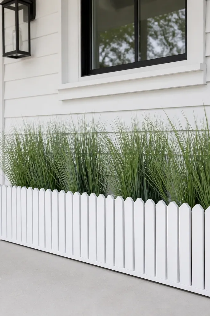 White planter box with mint-green grass stems on a modern front porch