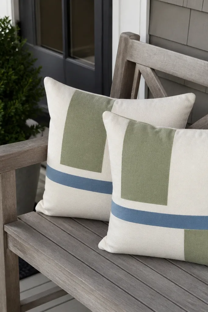 Porch bench with two color-block pillows in white, sage, and soft blue